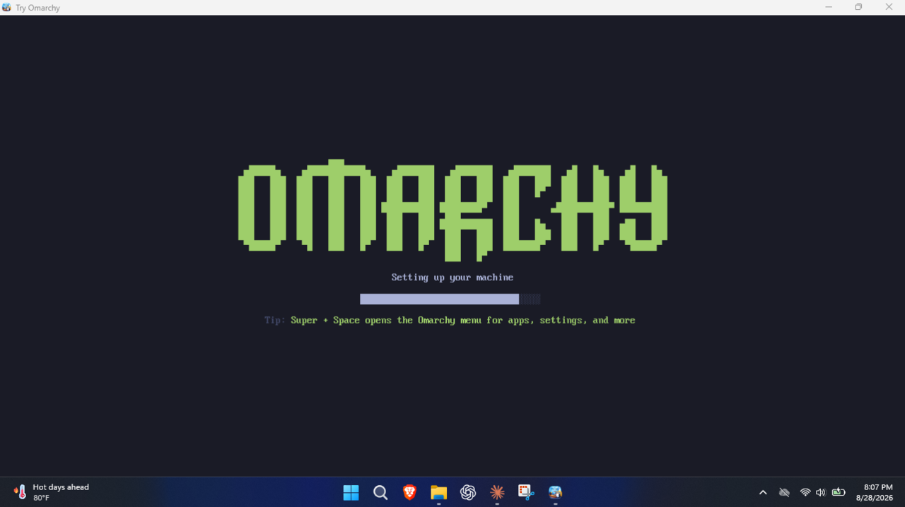 The Omarchy setup screen running inside the Try Omarchy window on Windows 11